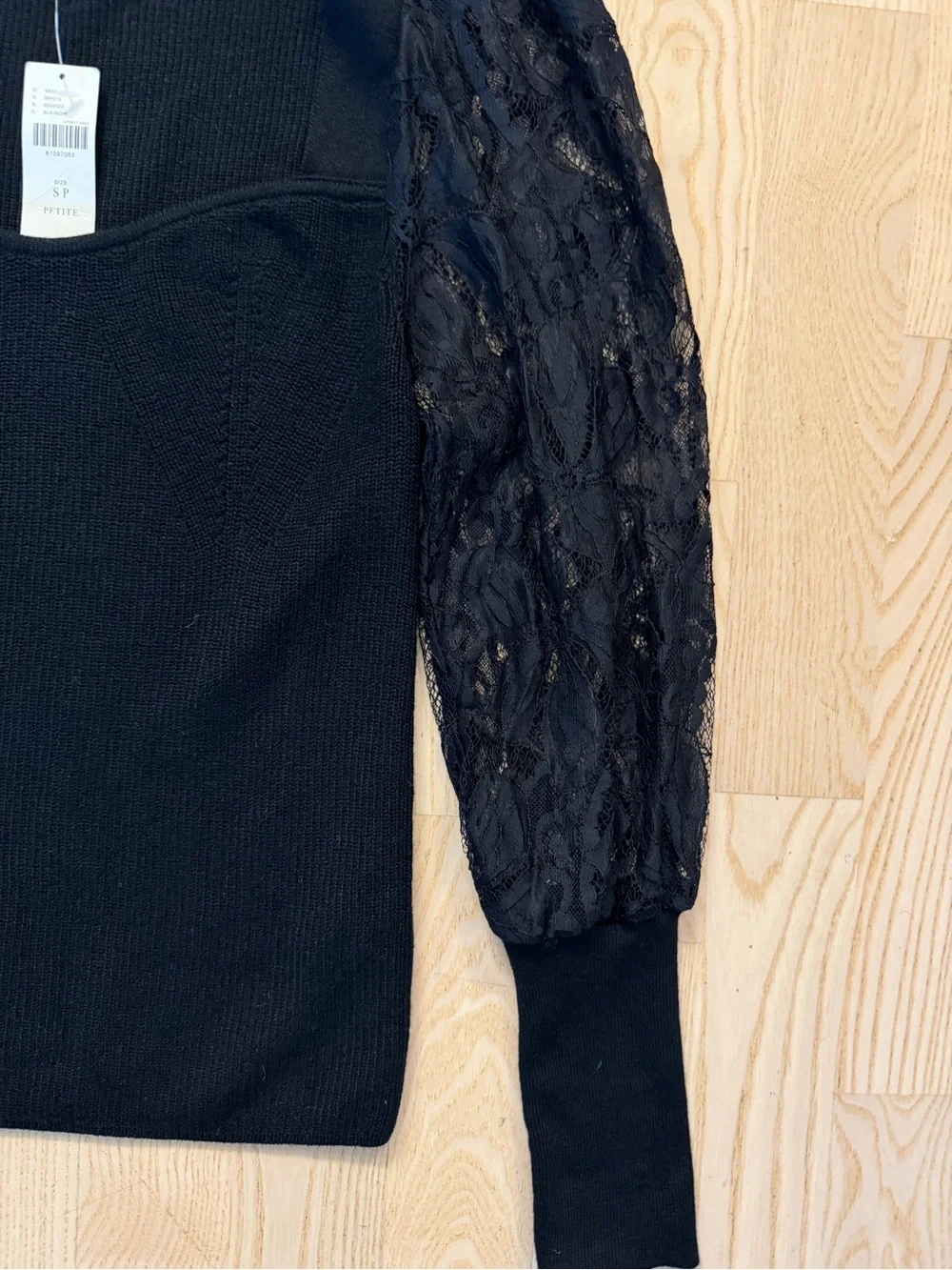 NWT Black Sweetheart Lace Sleeves Knit Top- Anthropologie